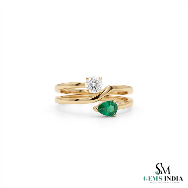 Pear Shaped Emerald & Round Diamond Bypass Ring - Unique Two Tone Ring