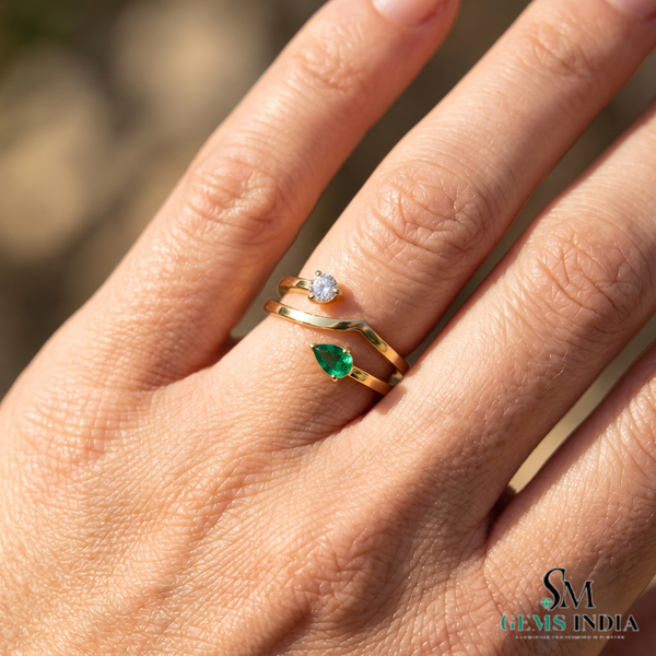 Pear Shaped Emerald & Round Diamond Bypass Ring - Unique Two Tone Ring