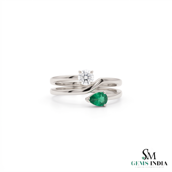 Pear Shaped Emerald & Round Diamond Bypass Ring - Unique Two Tone Ring