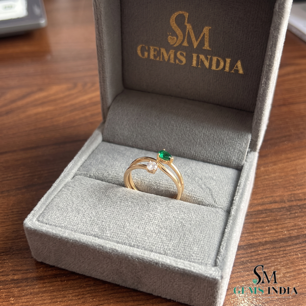 Pear Shaped Emerald & Round Diamond Bypass Ring - Unique Two Tone Ring
