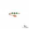 Three Round Emerald Open Wrap Ring With Leaf Detail - Nature Inspired Fine Jewelry