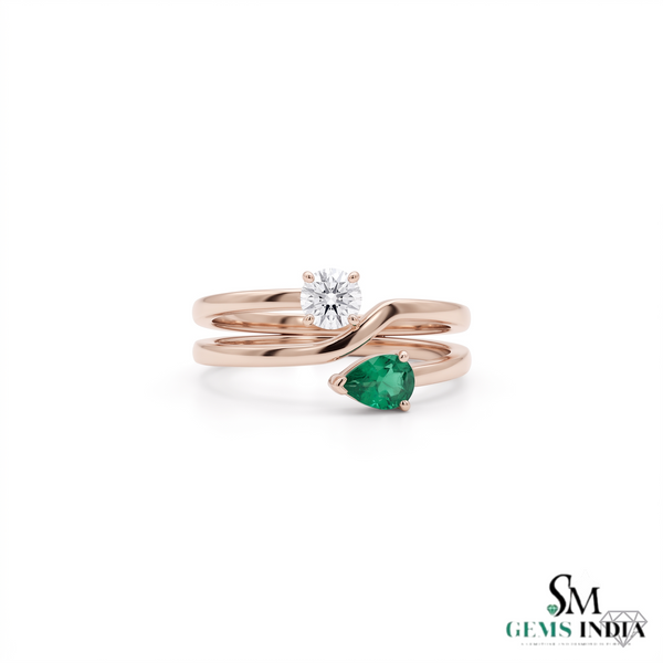 Pear Shaped Emerald & Round Diamond Bypass Ring - Unique Two Tone Ring