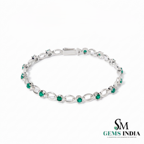 Round Emerald Station Link Bracelet - Gift For Her