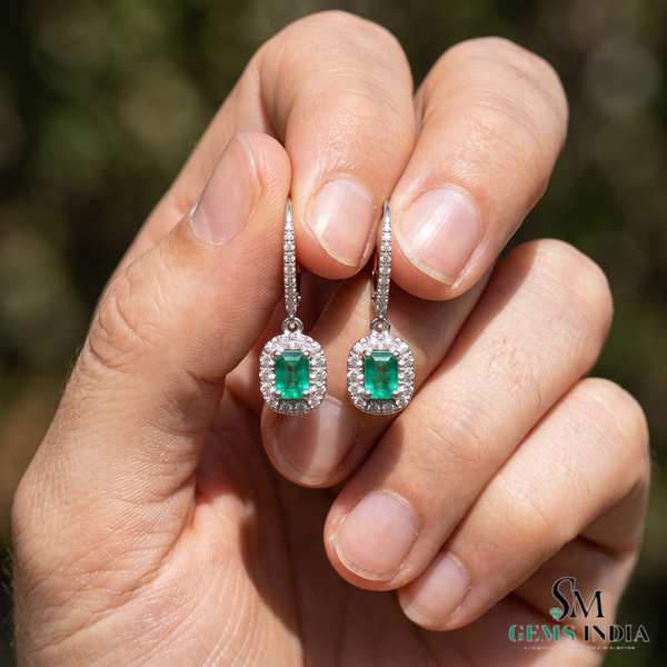 Emerald Cut Green Emerald Drop Earrings With Diamond Halo –Green Gemstone Jewelry