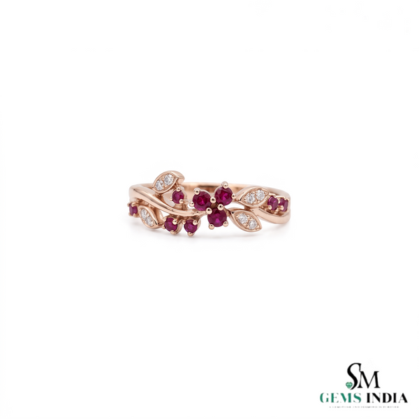 Ruby Floral Vine Ring with Diamond Accent Leaves – Elegant Gemstone Jewelry