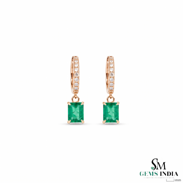 Emerald Cut Green Emerald Huggie Drop Earrings With Diamond Accents - Gift For Her