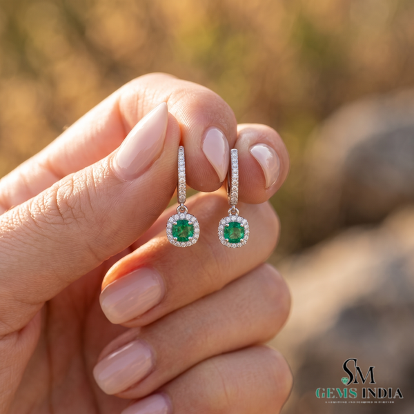 Elegant Cushion Cut Emerald Drop Earrings With Diamond Halo – Statement Jewelry For Her