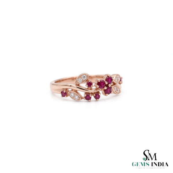 Ruby Floral Vine Ring with Diamond Accent Leaves – Elegant Gemstone Jewelry