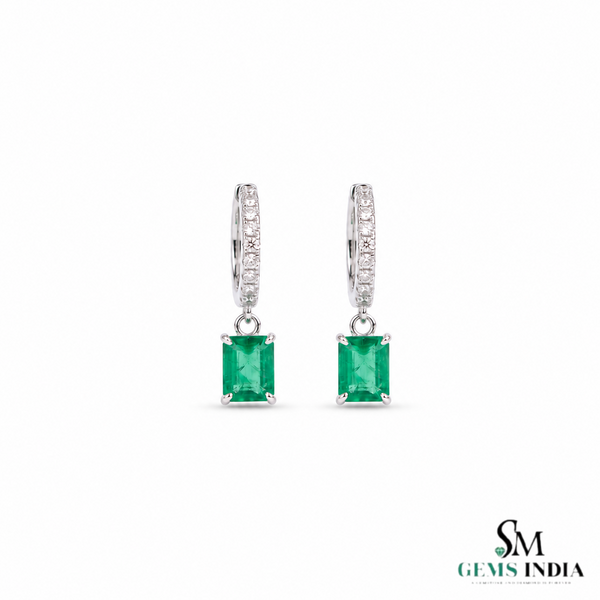 Emerald Cut Green Emerald Huggie Drop Earrings With Diamond Accents - Gift For Her