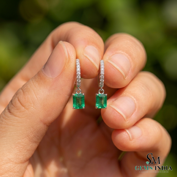 Emerald Cut Green Emerald Huggie Drop Earrings With Diamond Accents - Gift For Her