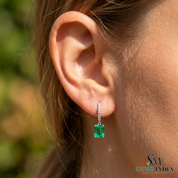 Emerald Cut Green Emerald Huggie Drop Earrings With Diamond Accents - Gift For Her