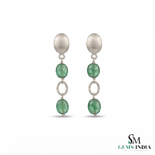 Oval Cabochon Emerald Beaded Drop Earrings With Diamond - Luxury Statement Jewelry