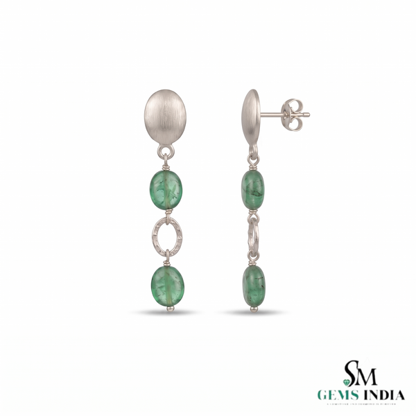 Oval Cabochon Emerald Beaded Drop Earrings With Diamond - Luxury Statement Jewelry