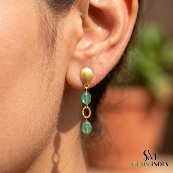 Oval Cabochon Emerald Beaded Drop Earrings With Diamond - Luxury Statement Jewelry