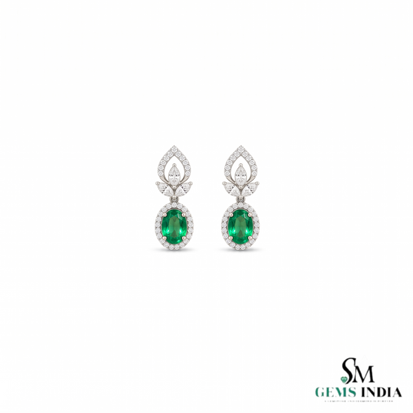 Oval Emerald Stud Earrings With Diamond Halo & Floral Design – Elegant Fine Jewelry