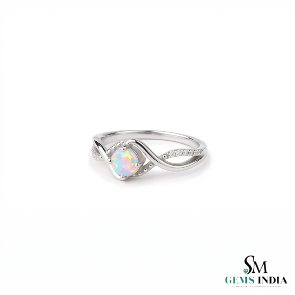 Round Opal & Diamond Wave Ring – Elegant Gemstone Jewelry for Women