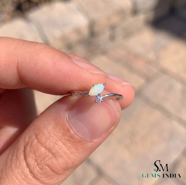 Marquise Opal Halo Ring with Diamond - Promise Ring For Her