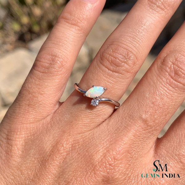 Marquise Opal Halo Ring with Diamond - Promise Ring For Her
