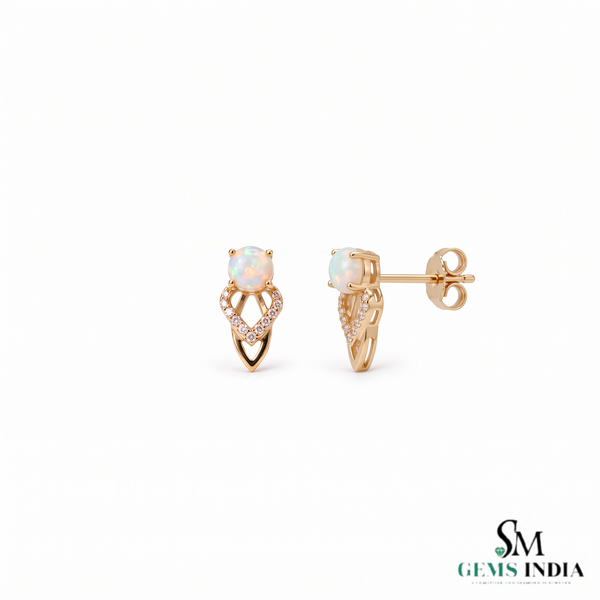 Round Opal Stud Earrings With Diamond – Luxury Fine Jewelry For Her