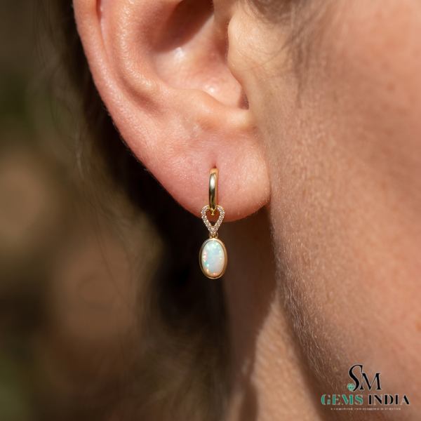 Oval Opal Drop Earrings With Diamond Heart Accent – Elegant Gold Dangle Earrings