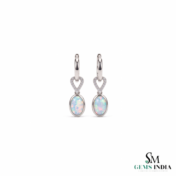 Oval Opal Drop Earrings With Diamond Heart Accent – Elegant Gold Dangle Earrings
