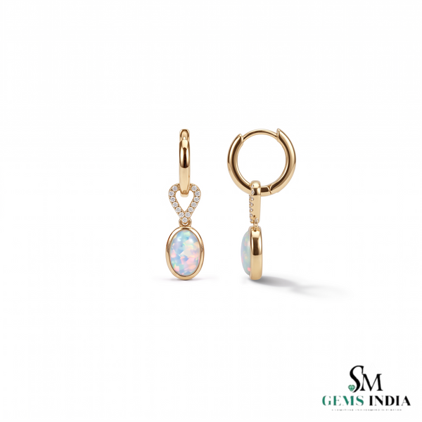 Oval Opal Drop Earrings With Diamond Heart Accent – Elegant Gold Dangle Earrings