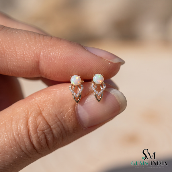 Round Opal Stud Earrings With Diamond – Luxury Fine Jewelry For Her