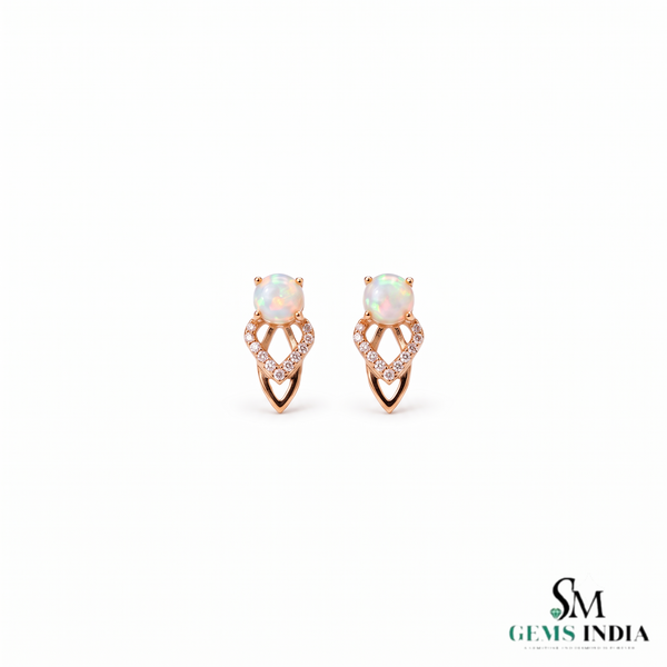 Round Opal Stud Earrings With Diamond – Luxury Fine Jewelry For Her