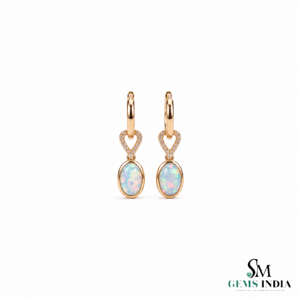 Oval Opal Drop Earrings With Diamond Heart Accent – Elegant Gold Dangle Earrings
