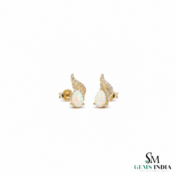 Pear Cut Opal Stud Earrings With Diamond Accent – Elegant Everyday Jewelry Gift