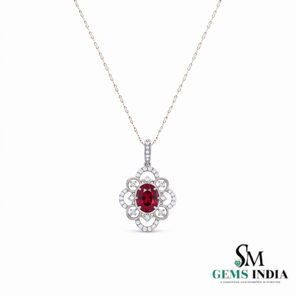 Oval Ruby & Diamond Floral Halo Pendant - Anniversary Gift for Her