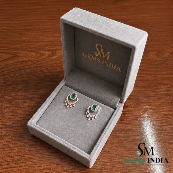 Emerald Cut Emerald Green Heart Drop Earrings with Diamond Accents