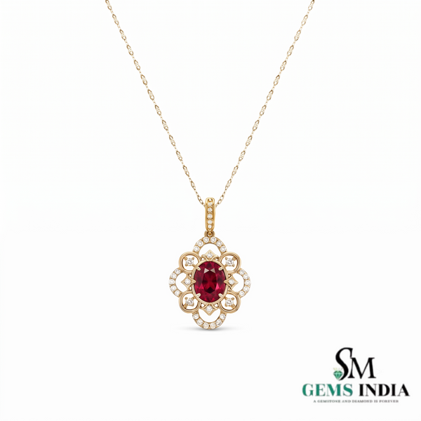 Oval Ruby & Diamond Floral Halo Pendant - Anniversary Gift for Her