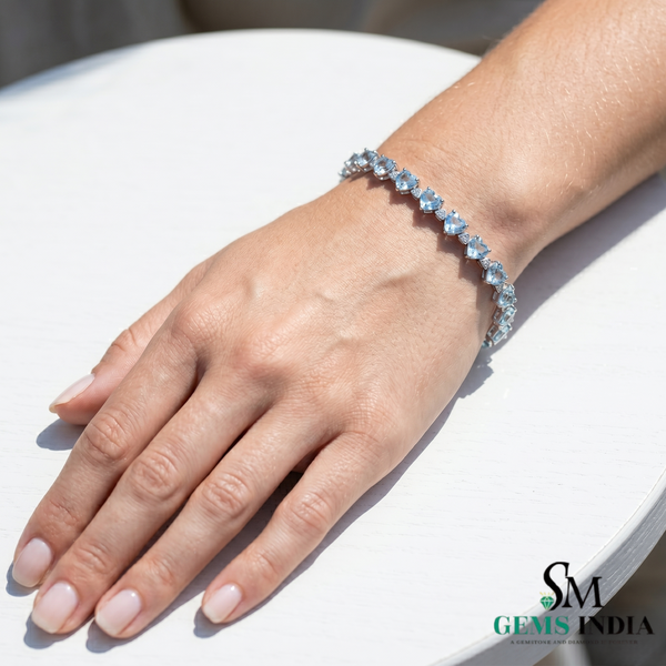 Heart-Shaped Aquamarine Link Bracelet for Women - Anniversary Gift for Her