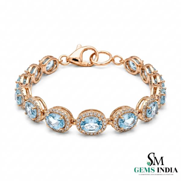 Aquamarine Oval Halo Diamond Tennis Bracelet - Fine Jewelry Gift for Women