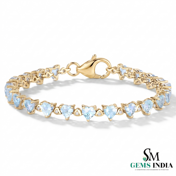 Heart-Shaped Aquamarine Link Bracelet for Women - Anniversary Gift for Her