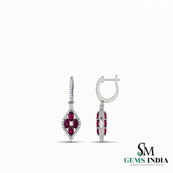 Ruby and Diamond Marquise Drop Earrings - Elegant Gemstone Jewelry for Women