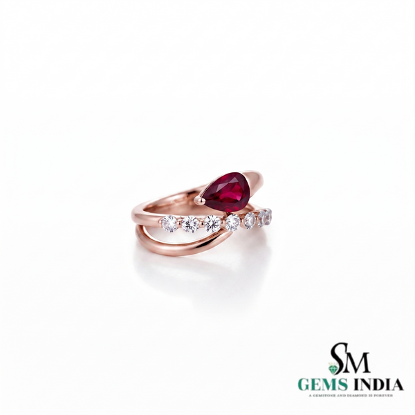 Pear Cut Ruby & Diamond Bypass Ring – Elegant Split Shank Statement Ring