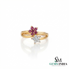 Natural Ruby & Diamond Flower Open Ring - Floral Bypass Band for Women