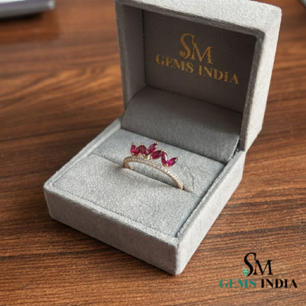 Marquise Ruby & Diamond Band Ring – Floral Vine Inspired Stackable Ring