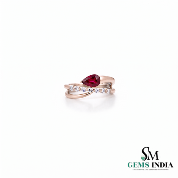 Pear Cut Ruby & Diamond Bypass Ring – Elegant Split Shank Statement Ring