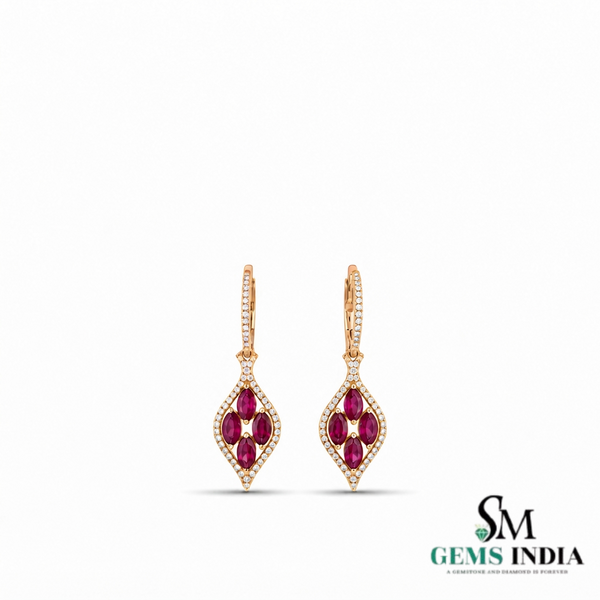 Ruby and Diamond Marquise Drop Earrings - Elegant Gemstone Jewelry for Women