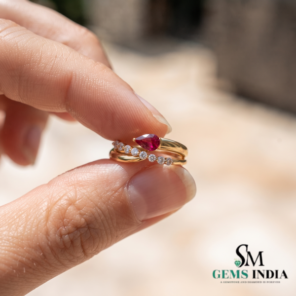 Pear Cut Ruby & Diamond Bypass Ring – Elegant Split Shank Statement Ring