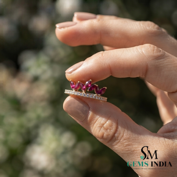 Marquise Ruby & Diamond Band Ring – Floral Vine Inspired Stackable Ring