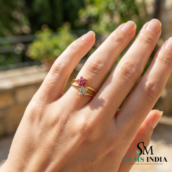 Natural Ruby & Diamond Flower Open Ring - Floral Bypass Band for Women
