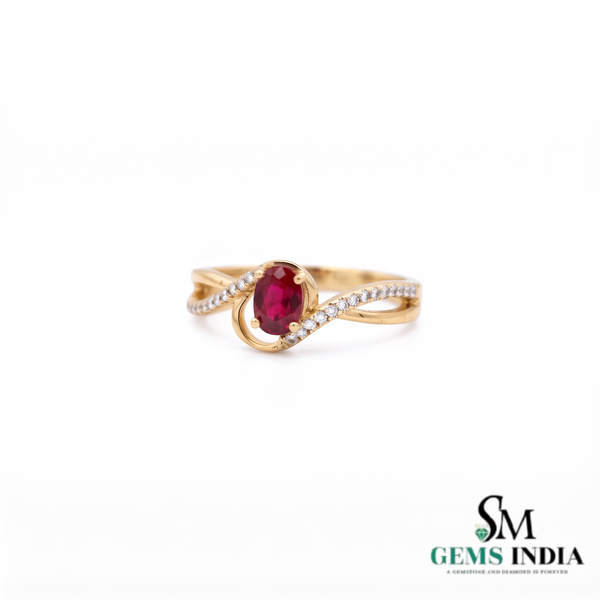 Natural Oval Ruby & Diamond Crossover Ring - Engagement Ring For Her