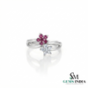 Natural Ruby & Diamond Flower Open Ring - Floral Bypass Band for Women