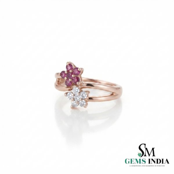 Natural Ruby & Diamond Flower Open Ring - Floral Bypass Band for Women