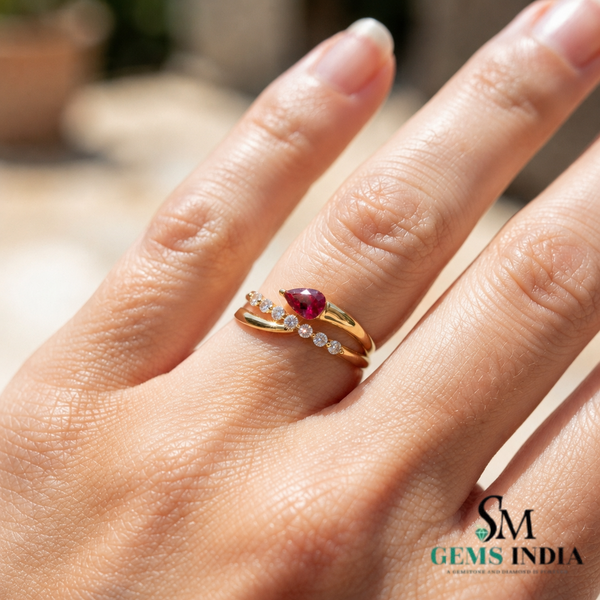 Pear Cut Ruby & Diamond Bypass Ring – Elegant Split Shank Statement Ring