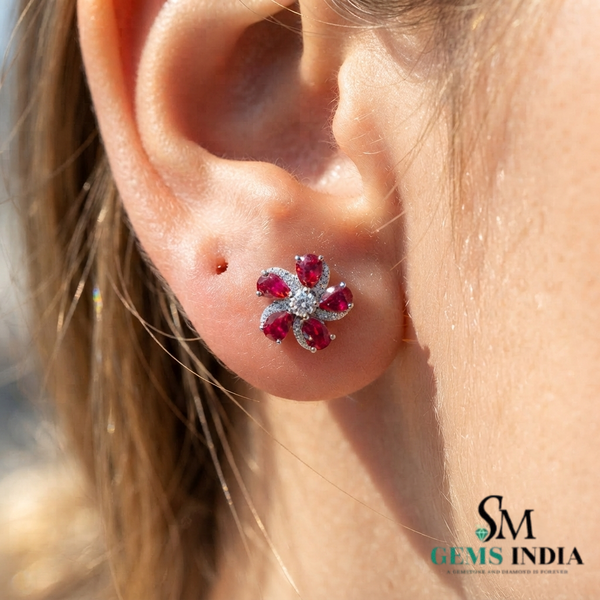 Pear Ruby Flower Stud Earrings with Diamond Accents – Elegant Statement Jewelry